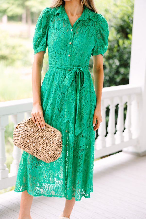 Right On Time Green Lace Midi Dress