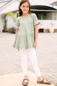 Girls: All Eyes On Me Sage Green Linen Babydoll Top