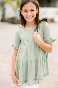 Girls: All Eyes On Me Sage Green Linen Babydoll Top
