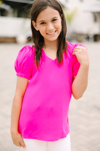 Girls: At First Sight Fuchsia Pink Puff Sleeve Blouse