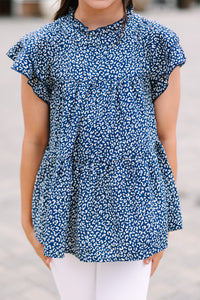 Girls: Join You Later Navy Blue Ditsy Leopard Top