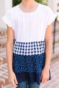 Girls: Find Happiness Navy Blue Mixed Print Blouse