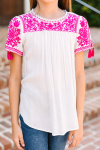 Girls: All The Info I Need Magenta Pink Embroidered Top