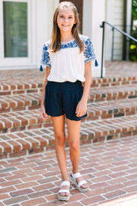 Girls: All The Info I Need Navy Blue Embroidered Top