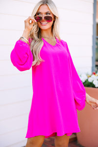Loud And Clear Ultra Hot Pink Bubble Sleeve Dress