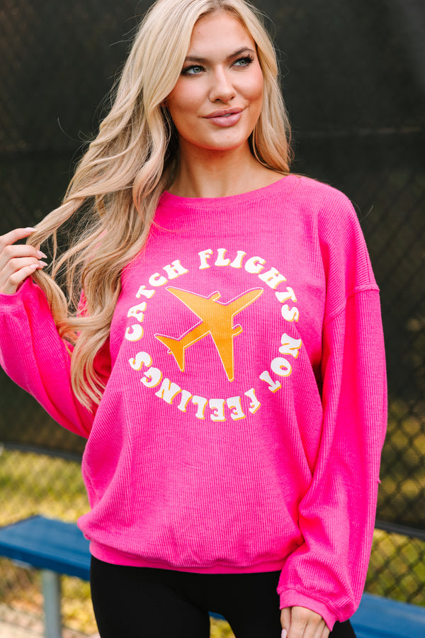 Catch Flights Fuchsia Pink Graphic Corded Sweatshirt