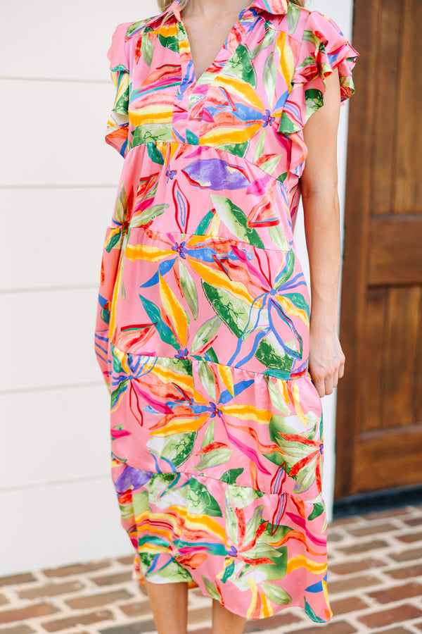 Sunny Summer Day Pink Floral Midi Dress