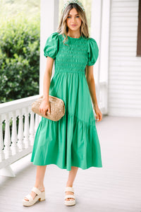 green dresses, smocked dresses, midi dresses for women, puff sleeves