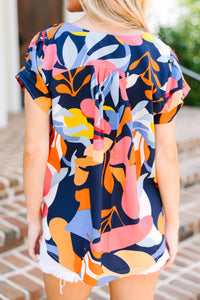 Just Saying Navy Blue Abstract Blouse