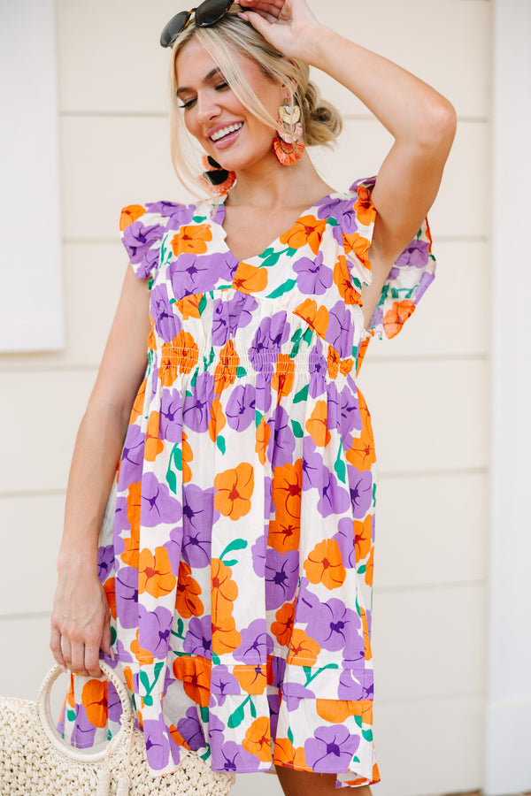 floral dresses, women's cute dresses, boutique dresses, purple dresses, orange dresses