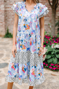 mixed print midi dress, blue midi dresses, cute midi dresses for women, women's online boutique