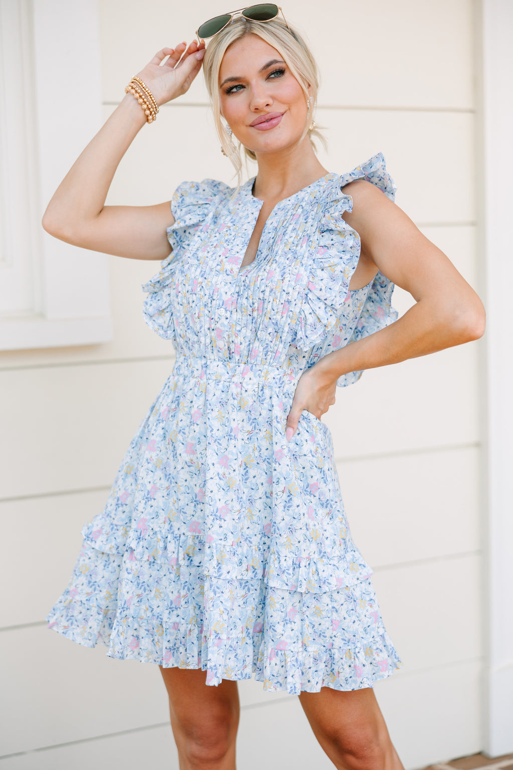 Garden Party Light Blue Ditsy Floral Mini Dress#N# #N# #N# #N# –#N