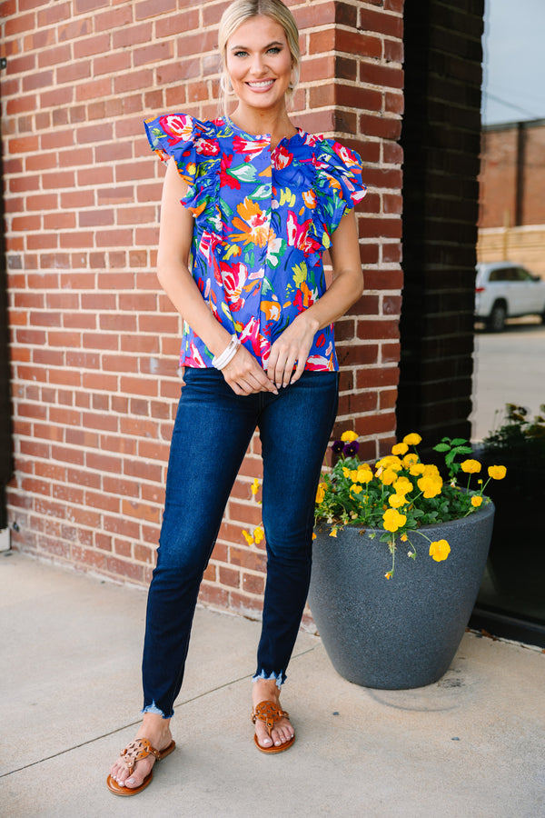 Happy To See You Blue Floral Blouse