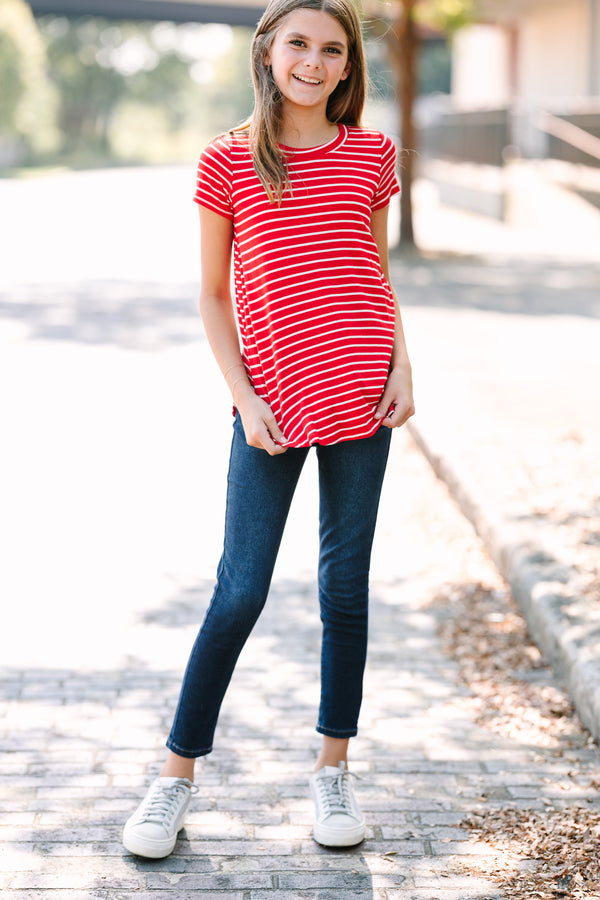 Girls: Let's Meet Later Red and White Striped Top