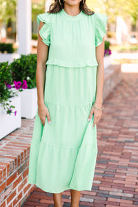 Pastel Lime Green Dress, Tiered Midi Dress, Church Outfit, Wedding Guest Dress, Short Ruffled Sleeves