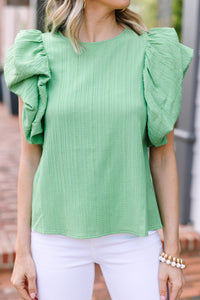 Green textured blouse, Everyday wear, Dramatic ruffled sleeves