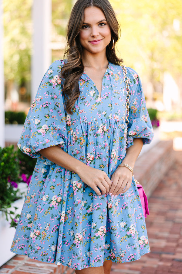 Call You Over Blue Floral Dress
