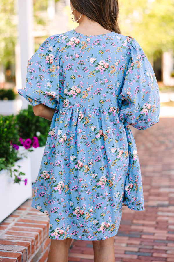 Call You Over Blue Floral Dress