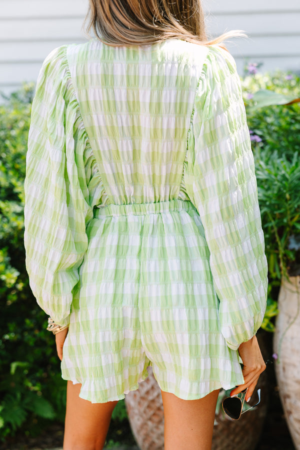 green rompers, green gingham rompers, cute boutique romper, trendy rompers for women,