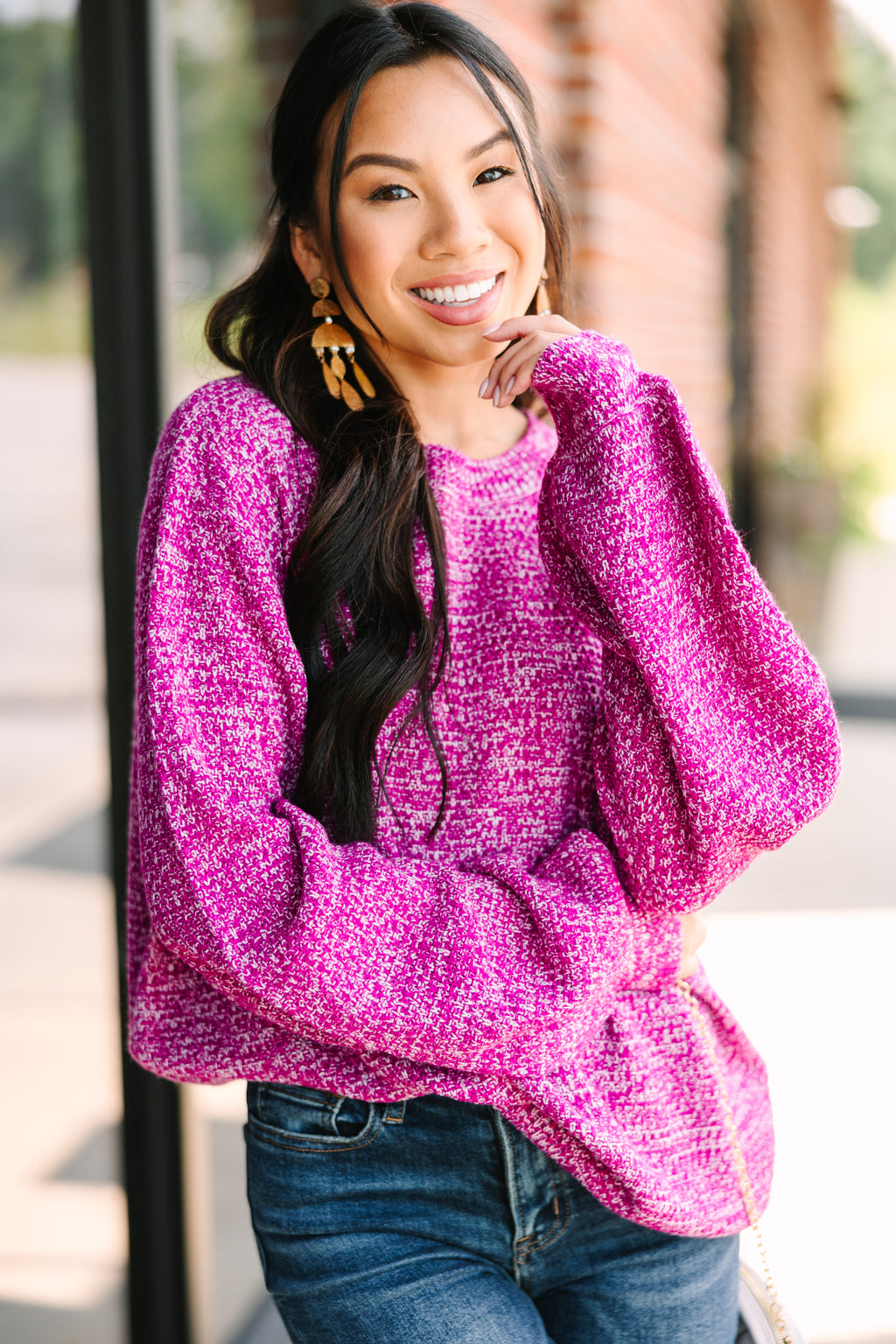 The Slouchy Fuchsia Pink Bubble Sleeve Sweater – Shop the Mint