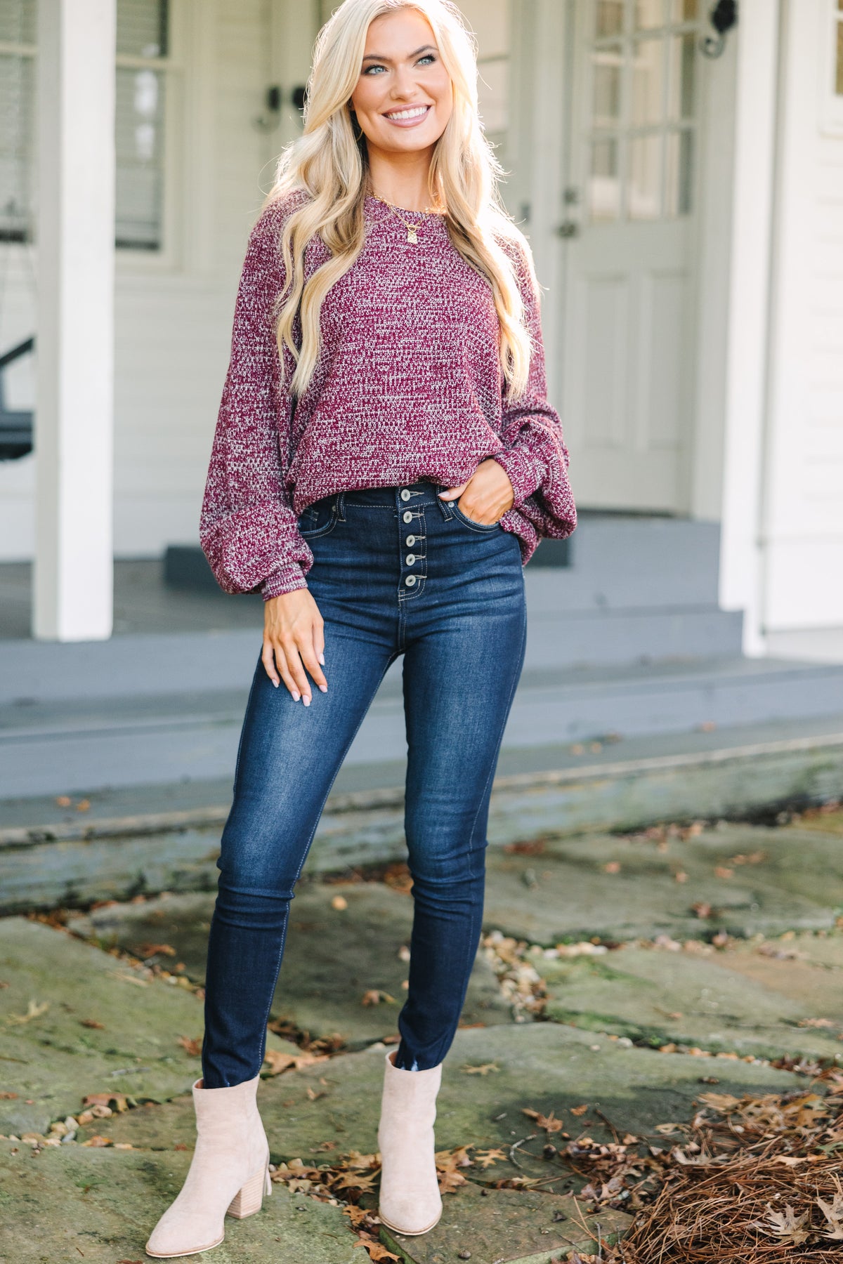Rosalind Knit Bubble-Sleeve Sweater
