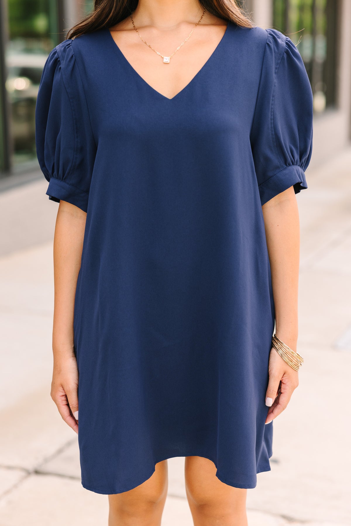 At First Sight Navy Blue Puff Sleeve Dress – Shop the Mint