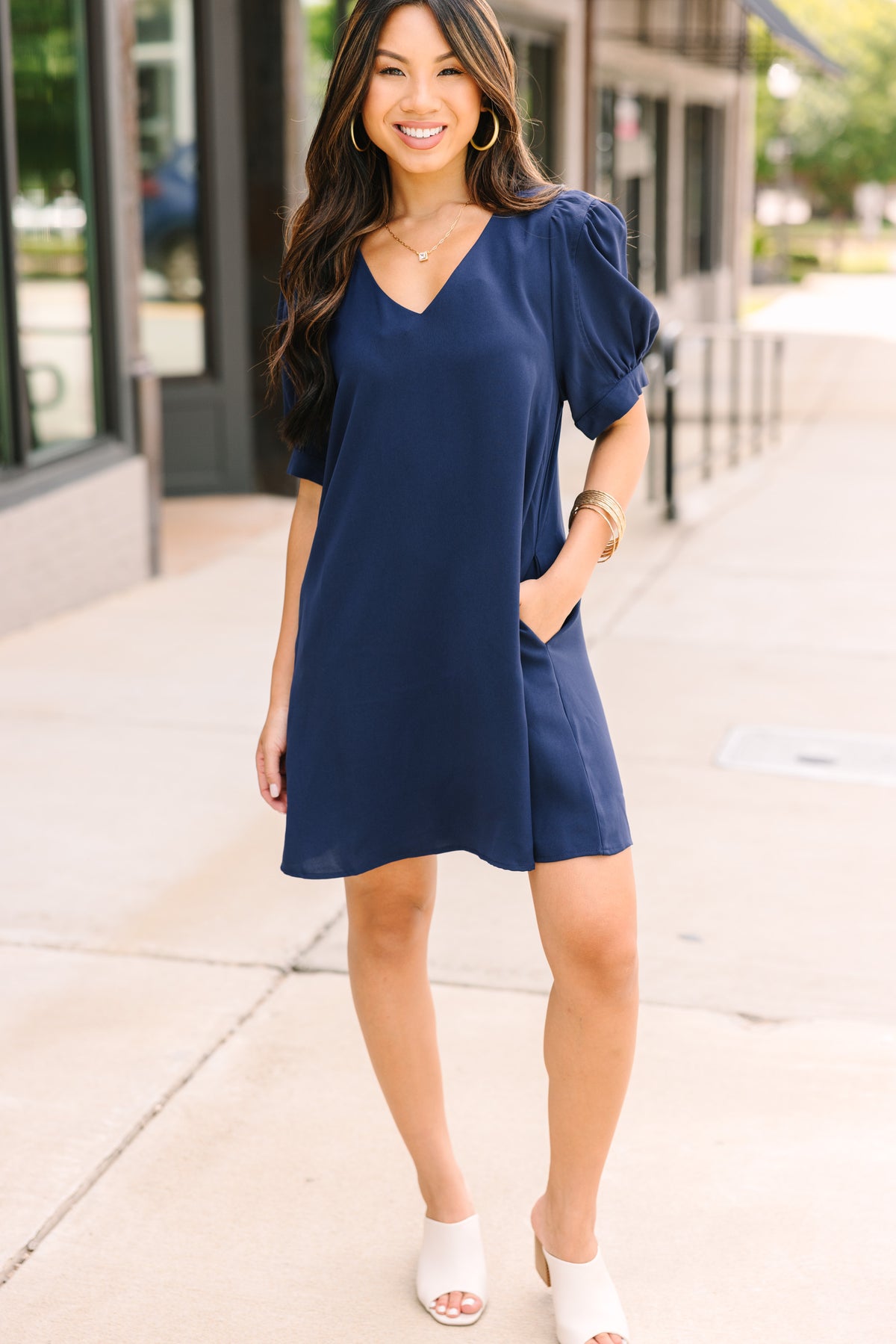 At First Sight Navy Blue Puff Sleeve Dress – Shop the Mint