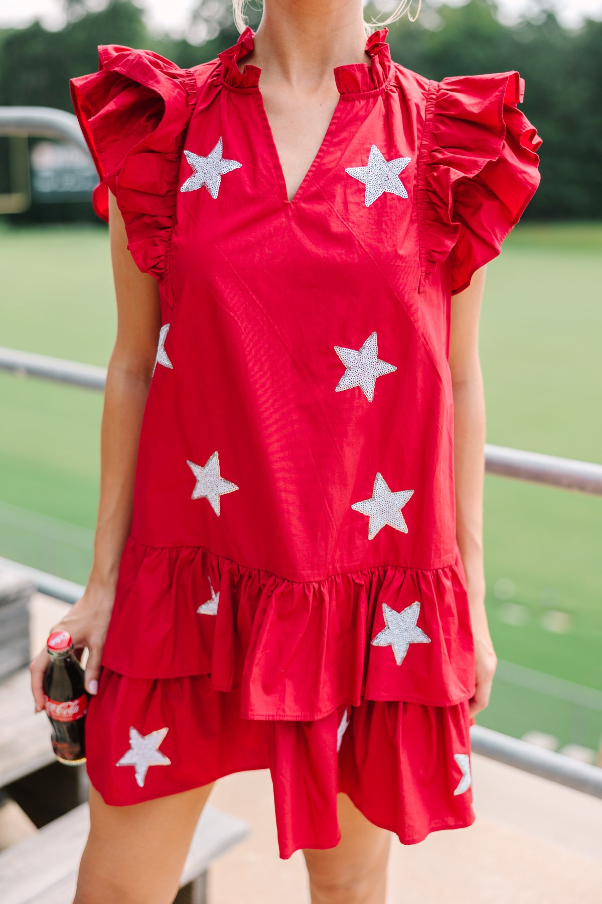 red dress with stars Red Stars Sweetheart Tea Length Formal Dress