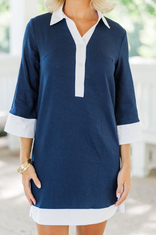 12979 Navy Blue Lace Up Neck Shift Dress main image 1