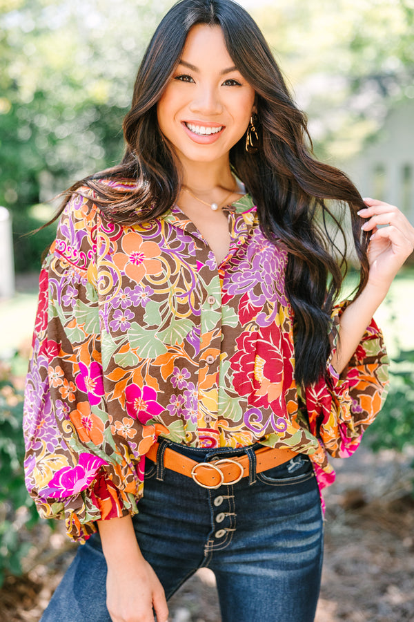 Fate: The More You Love Brown Floral Blouse