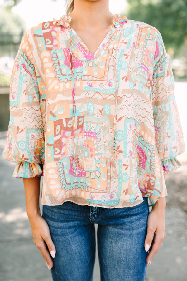 Fate: Start Your Day Taupe Brown Abstract Blouse