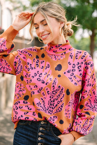 Fate: Dance Around It Camel Brown Mixed Print Sweater