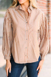 Olivaceous: Everything You Need Brown Striped Button Down Top