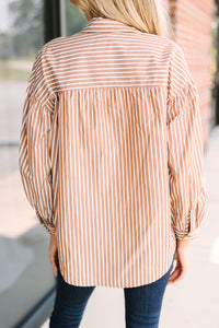 Olivaceous: Everything You Need Brown Striped Button Down Top