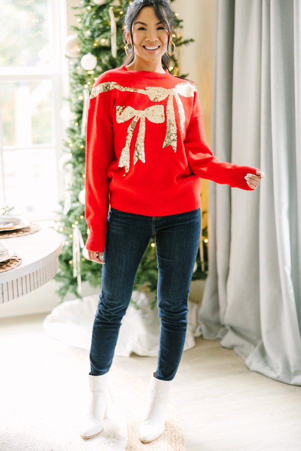 Feeling Present Red Sequin Bow Sweater
