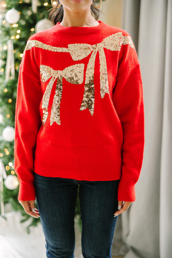 Feeling Present Red Sequin Bow Sweater