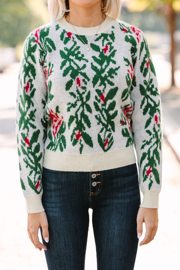 All Figured Out Mint Sweater Shop – Cream White Floral the