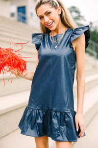 faux leather dresses, navy faux leather dress, boutique gameday looks