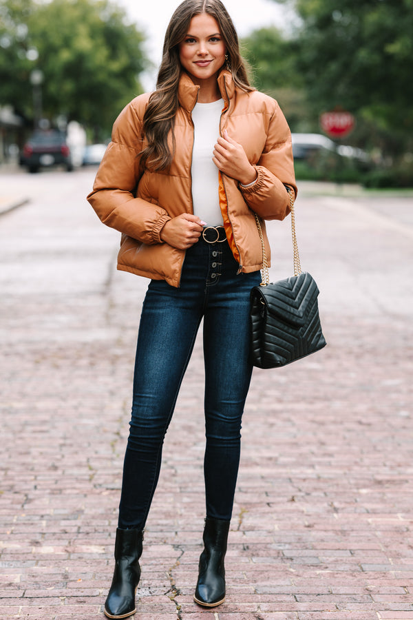 Give It Your All Camel Brown Faux Leather Puffer Jacket – Shop the