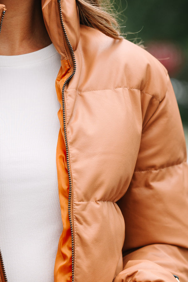 Camel Puffer Windbreaker Faux Leather Crop Jacket
