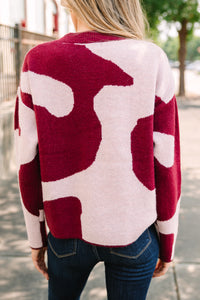 Move On Over Burgundy Red Cow Print Sweater