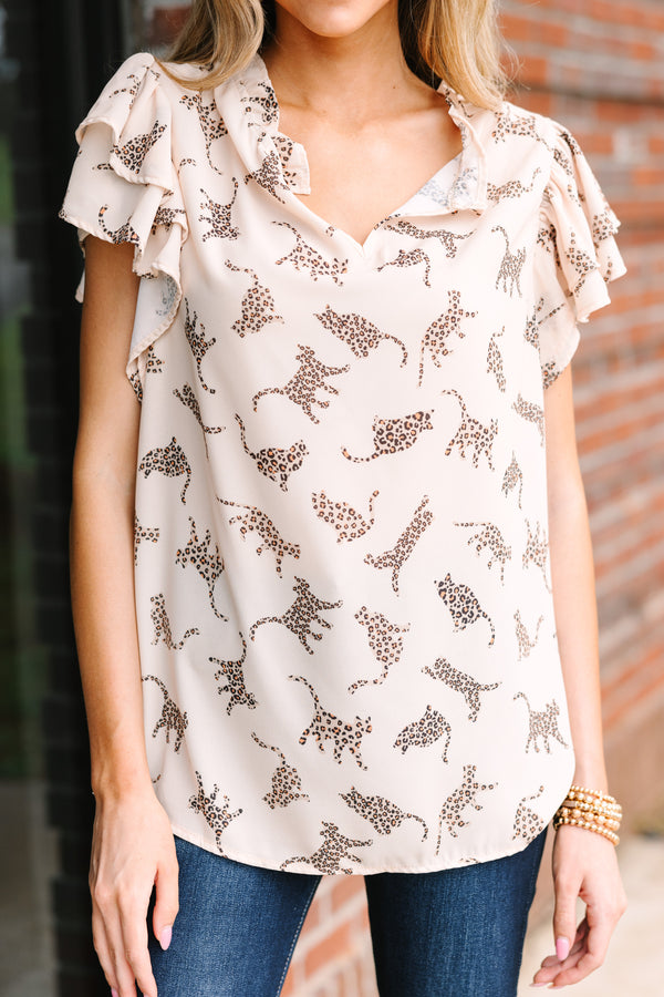 On The Move Light Taupe Leopard Blouse