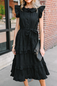 On The Verge Black Ruffled Midi Dress