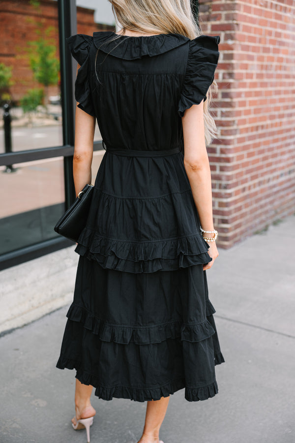 On The Verge Black Ruffled Midi Dress