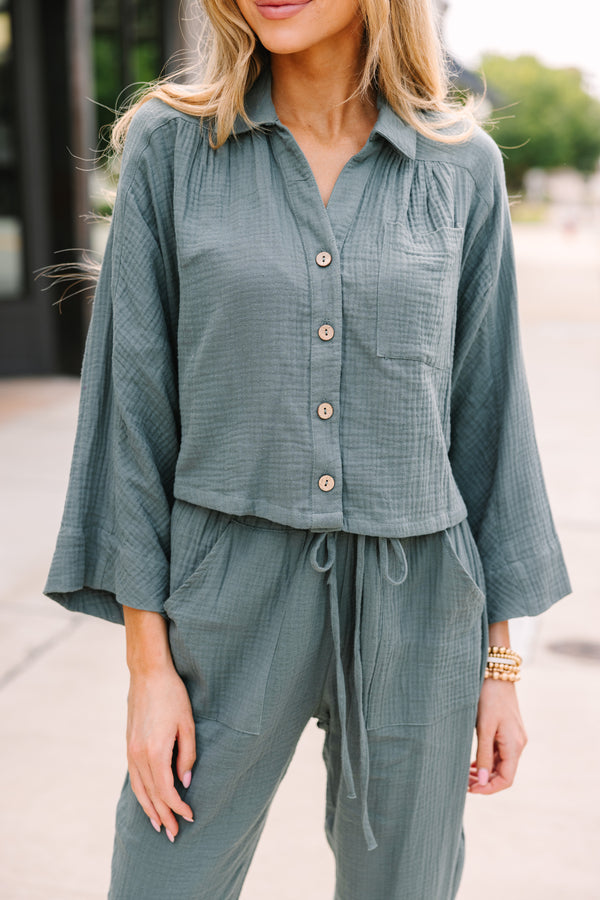 Bring Me Joy Plisse Pocketed Pants - Hunter Green