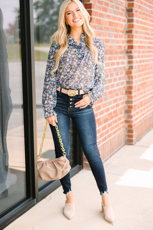Live Your Life Navy Blue Ditsy Floral Blouse