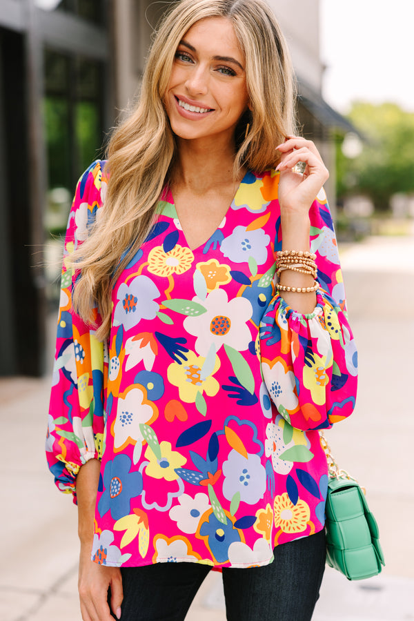 Fushia Pink Sequin Sleeveless Blouse with Scoop Neckline