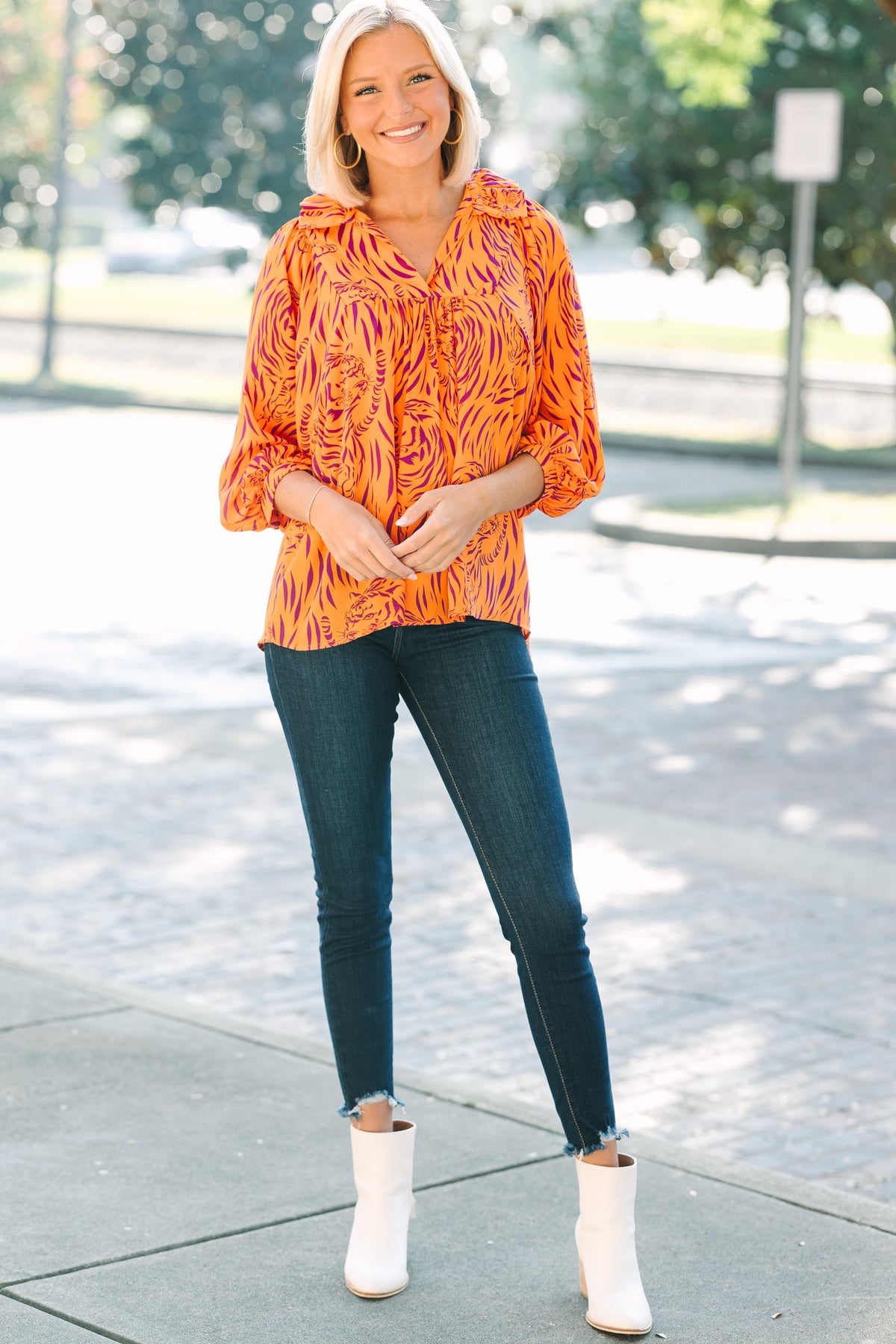 The Morgan Orange And Purple Tiger Blouse – Shop the Mint