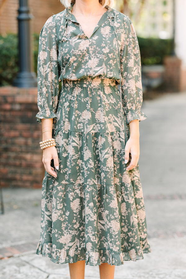 Pinch: Class Act Dark Olive Green Floral Mid Dress