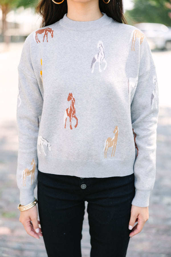 THML: Put You First Heather Gray Horse Print Sweater